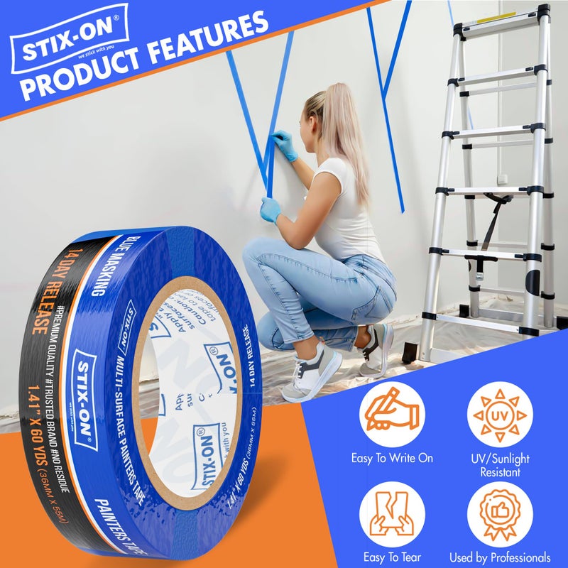 STIX-ON Painters Tape 1.5 inch Wide, 24 Roll Painting Tape, Blue Masking Tape for Painting Walls, DIY, Surface-Safe & Residue-Free, Edge Paint, 1.41 Inch X 60 Yards X 24 Rolls, Bulk - Image 2
